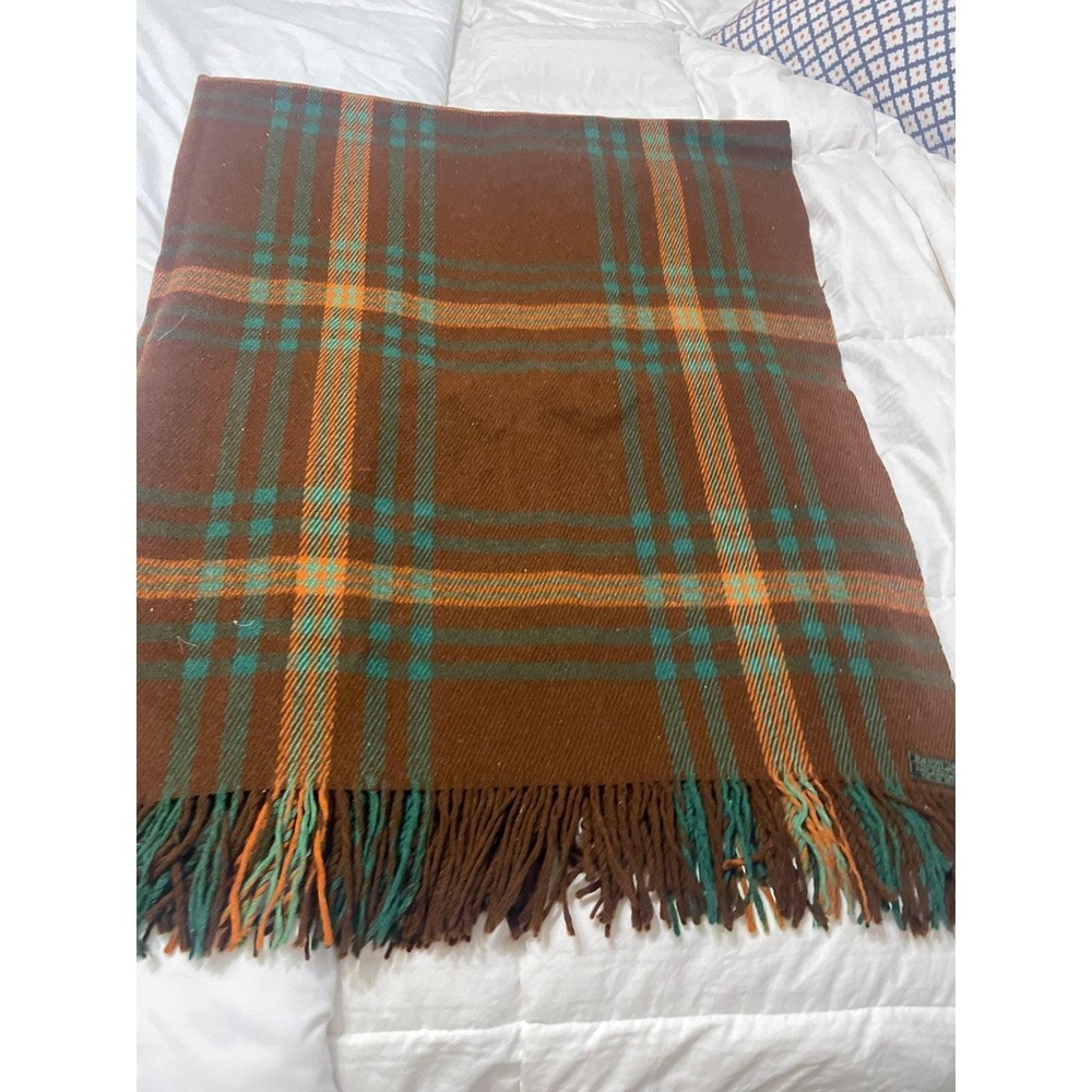 Pendleton Blackfoot Robe Wool Blanket Brown Teal Plaid Fringed Throw Made in USA